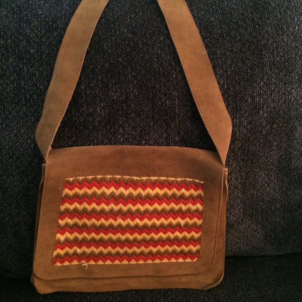 Vintage 1970's OOAK Hand Made Suede Hippie Satchel Purse Needlepoint Panel